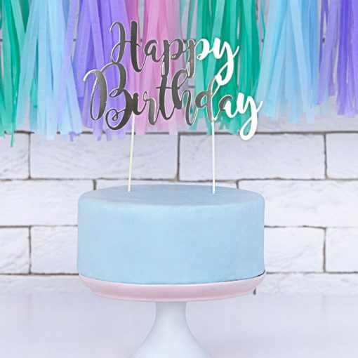 PartyDeco Cake Topper Happy Birthday Zilver