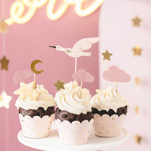 PartyDeco Cupcake Toppers Ooievaar Roze